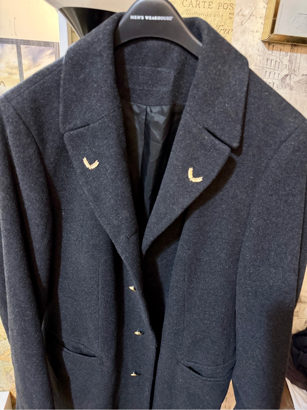 Men's Black Wool Pea Coat with Subtle Gold Stitch Accents